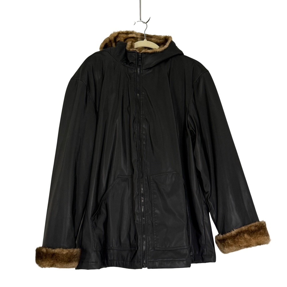 Outbrook Womens 1X 16W 18W Black Faux Leather Fur Hood Y2K Winter Jacket